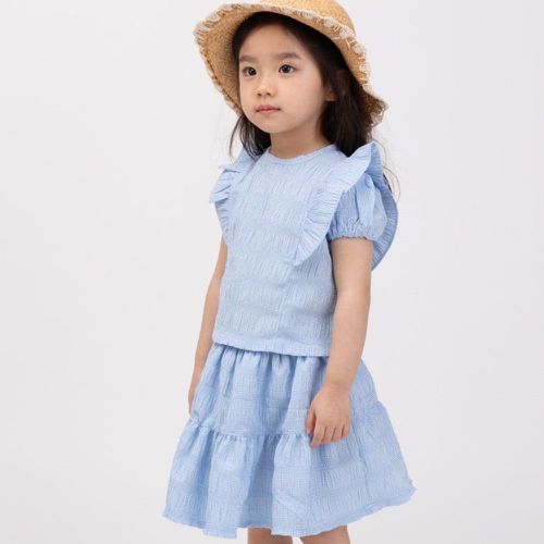韓國 Coco Bang - (兩件式)立體壓紋泡泡袖蓬裙套裝-天藍