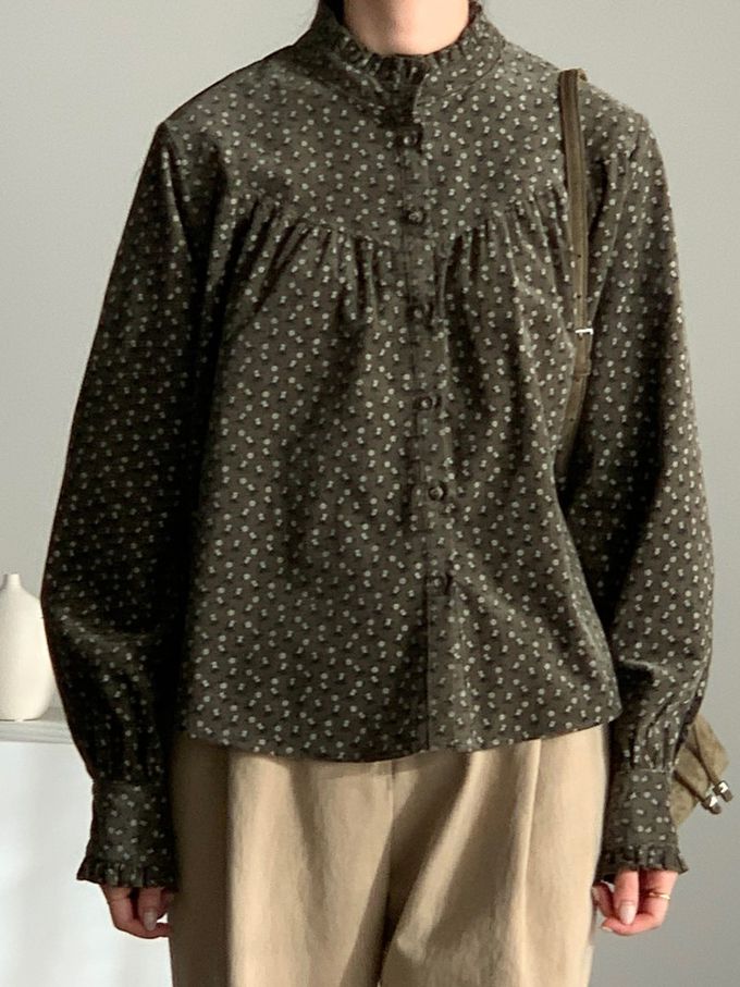 韓國女裝連線 - 滿版小花朵燈芯絨長袖襯衫-軍綠 (FREE)