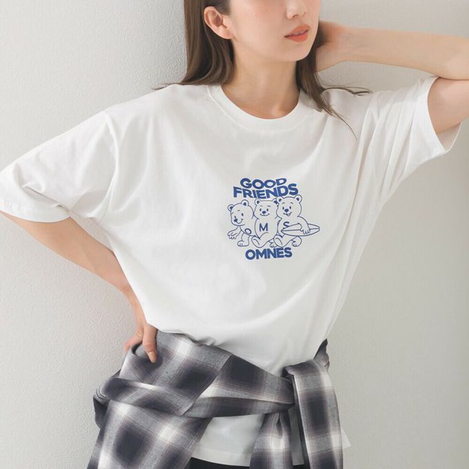 日本 OMNES - 純棉印花休閒短袖上衣-小熊好朋友-白 (M)