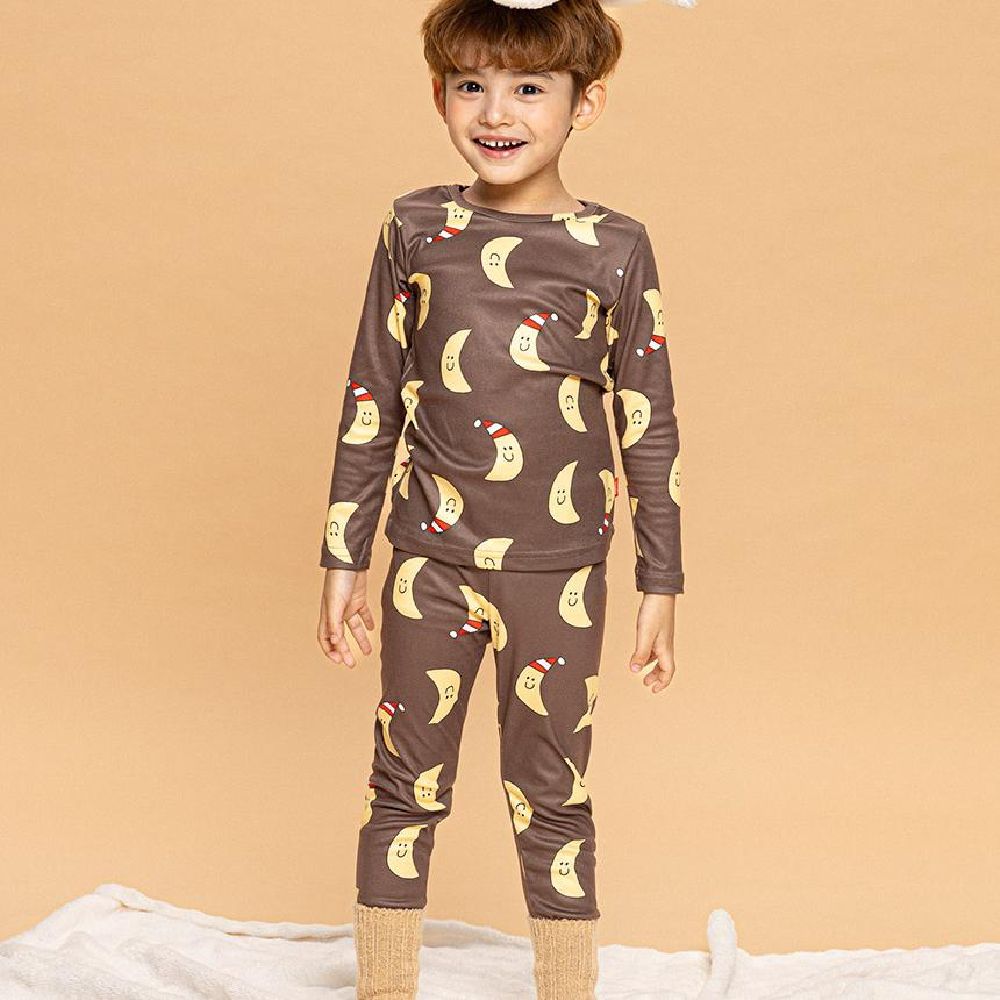 超細絨毛混織彈性長袖家居服-笑臉彎月-巧克力咖