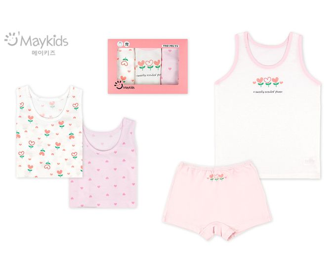 韓國 Maykids - (3入組)女寶無螢光棉親膚背心-愛心花-粉X白