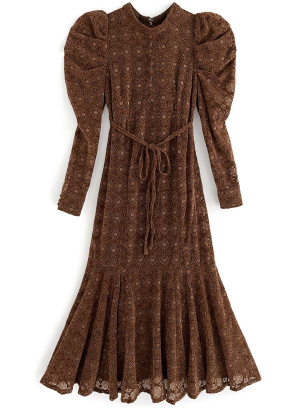 日本 GRL - 歐風印花羊腿袖綁帶洋裝-深可可