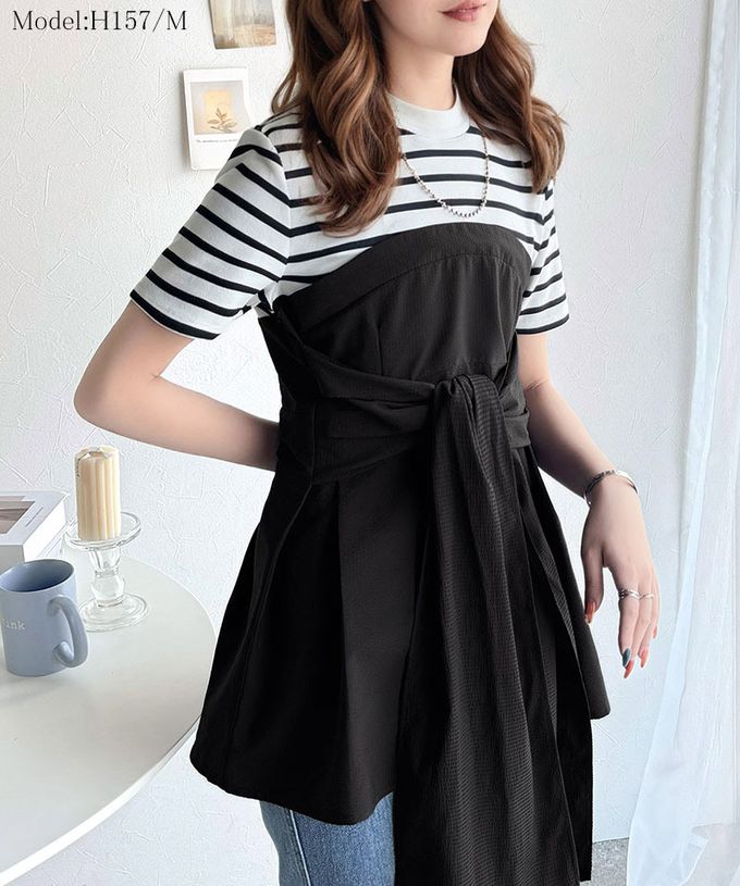 日本 Classical Elf - 時尚顯瘦綁帶拼接風短袖上衣-白x淺灰