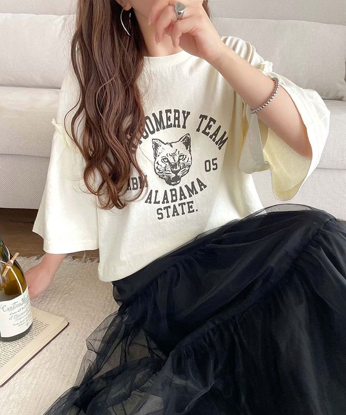 日本 Classical Elf - 貓科酷印花寬大荷葉五分袖上衣-炭灰