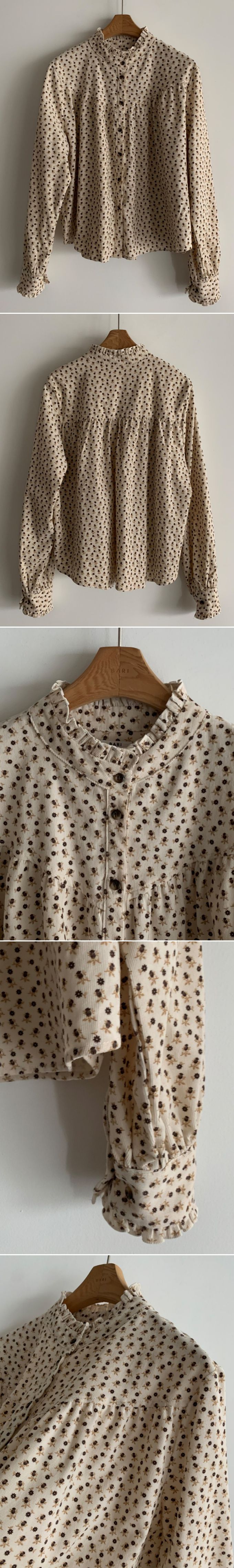 韓國女裝連線 - 滿版小花朵燈芯絨長袖襯衫-卡其 (FREE)