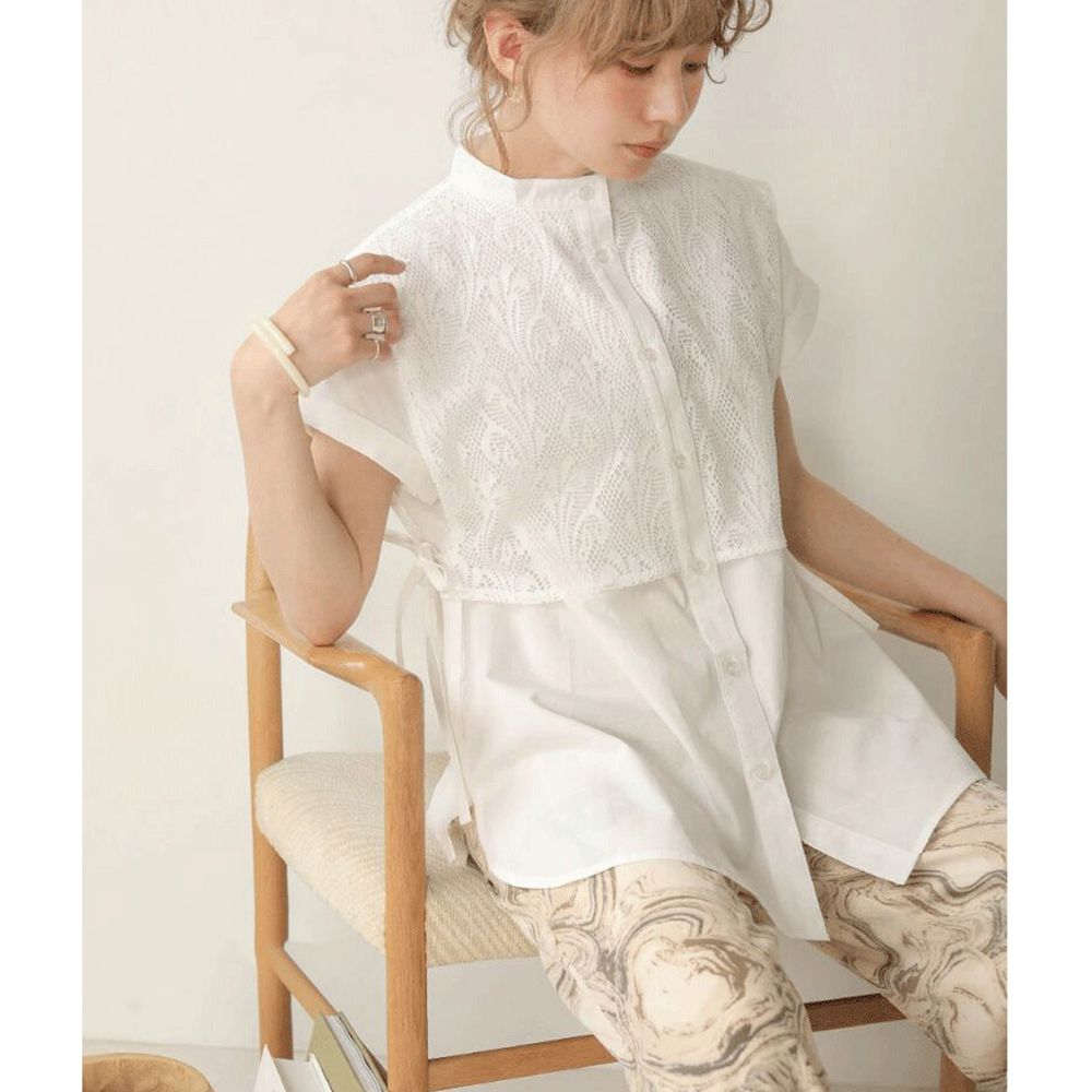 日本 Bou Jeloud - 假兩件鏤空蕾絲背心造型短袖襯衫上衣-白