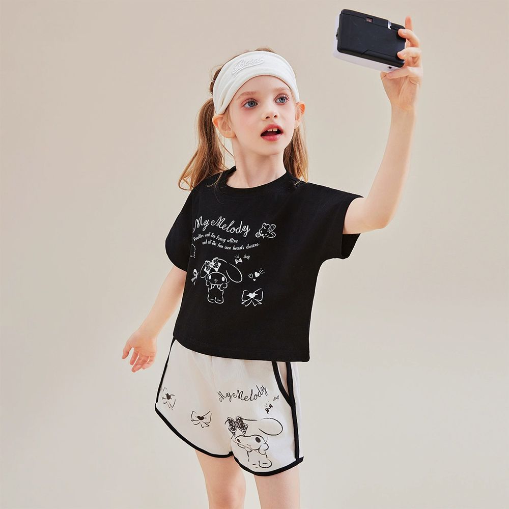 手繪風短袖上衣+短褲套裝-卡通人物美樂蒂-黑色