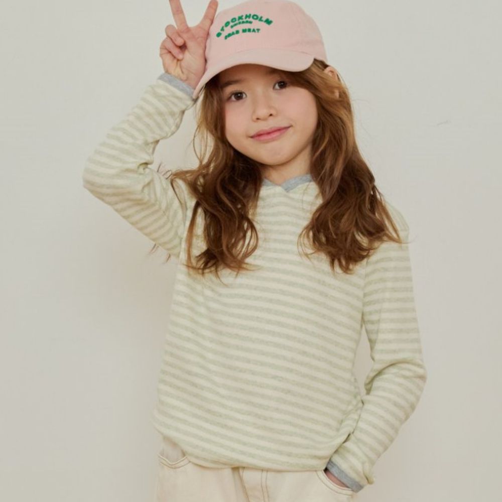 ERINJ 撞色滾邊橫紋連帽長袖上衣-淺綠