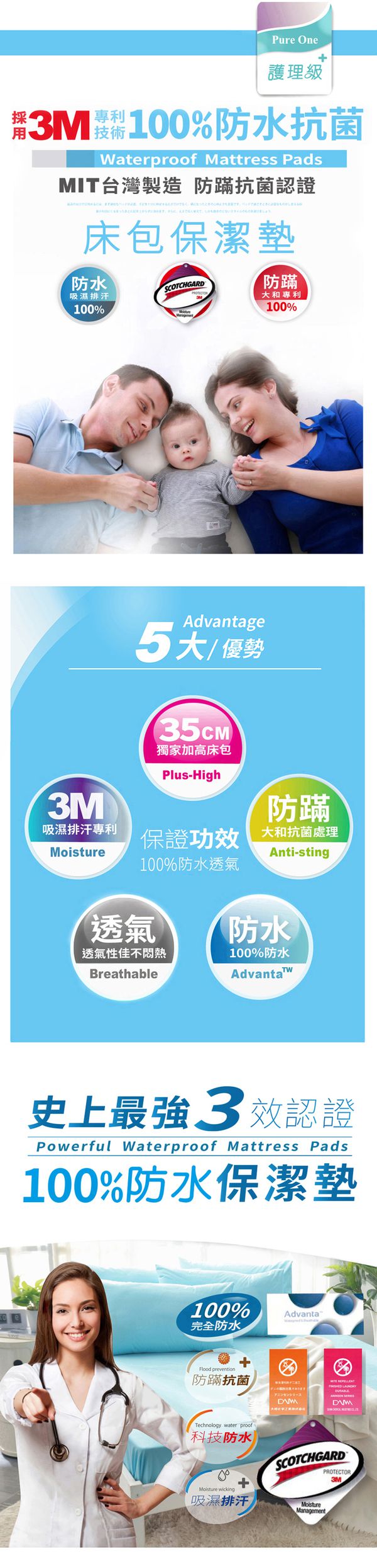 Pure One - 100%防水 床包式保潔墊-陽光寶藍-單人床包保潔墊