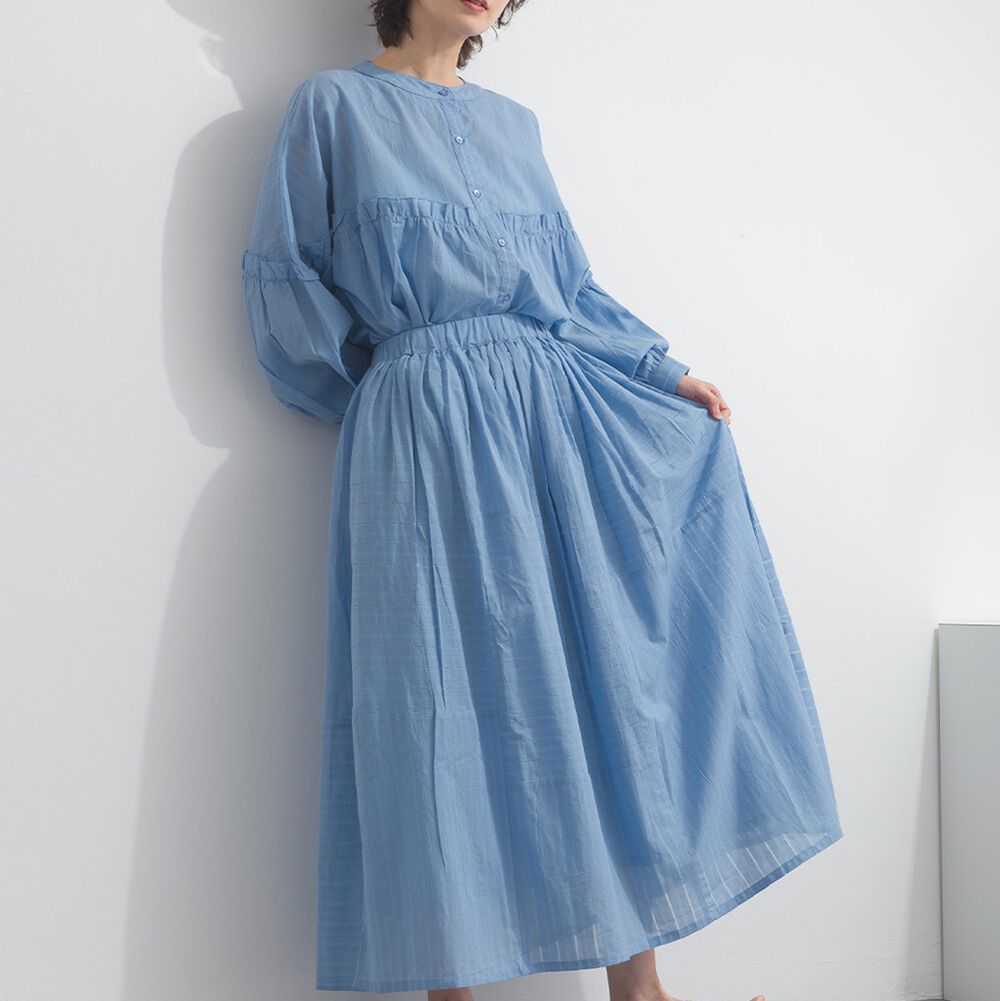 印度棉 交錯線條唯美緹花長裙-藍