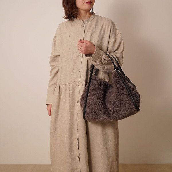 日本 COOCO - 異材質拼接毛茸茸托特包-米蘭杏 (W33*H25*D17cm)