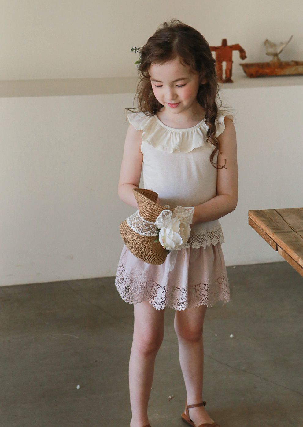 韓國 PuellaFLO - 蕾絲鏤空花瓣下襬褲裙-粉紅