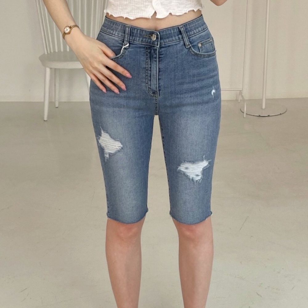 彈性腰刷破牛仔單車褲/貼腿褲-中青