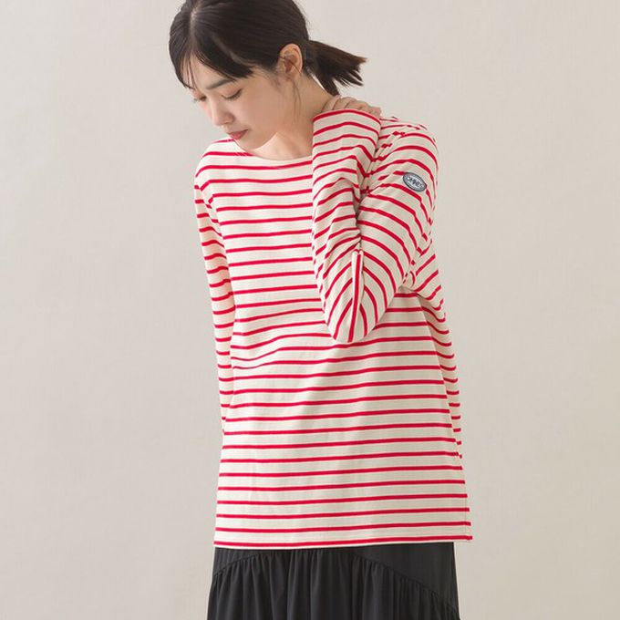 日本 OMNES - [必收款]100%棉 條紋船領長袖上衣-棕x海軍藍