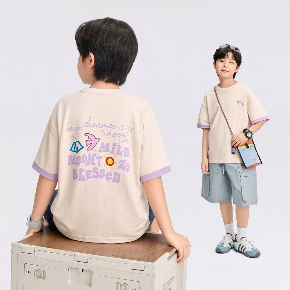 高透氧不易變形雙面紗短袖T-手繪塗鴉-米杏