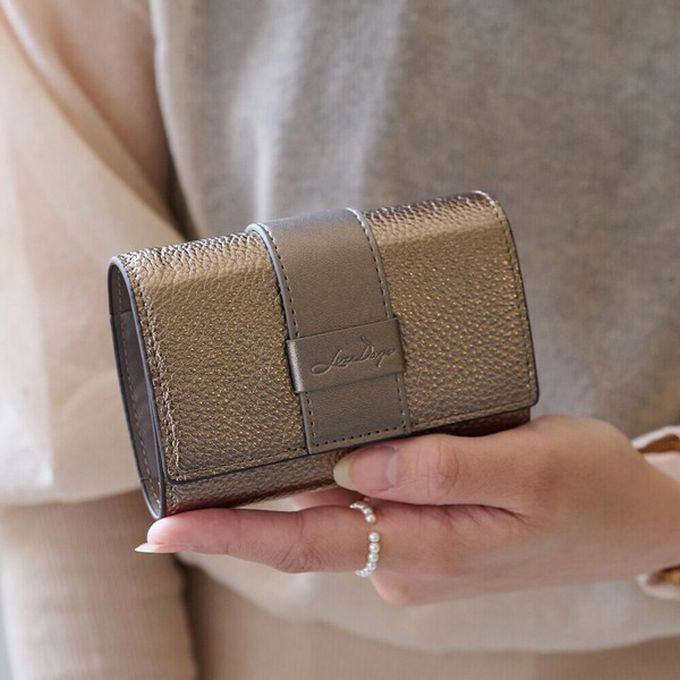 日本 LIZDAYS - 真皮迷你三折配色風琴短夾-咖啡x橘