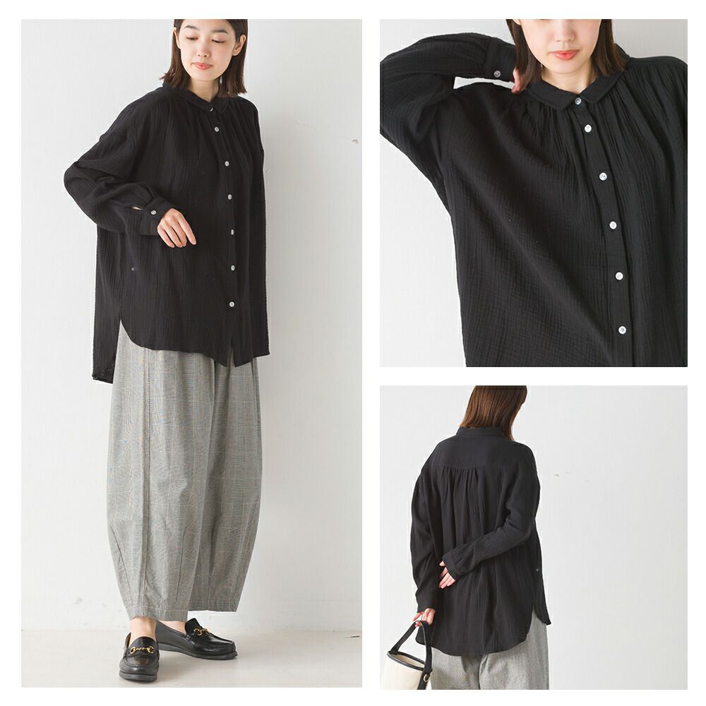 日本 OMNES - 翻領質感二重紗長袖襯衫-格紋-灰黑