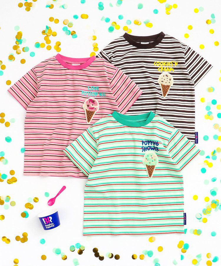 日本 BREEZE - 31冰淇淋聯名 條紋短袖上衣-甜筒刺繡-黑白
