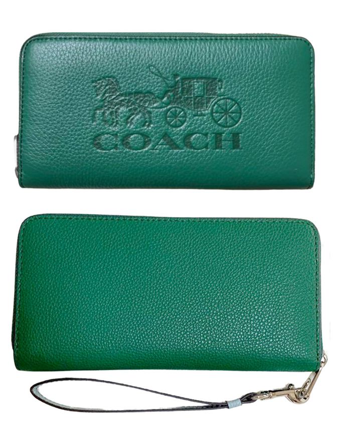 COACH - 素面荔枝紋皮革拉鍊長夾 (綠)