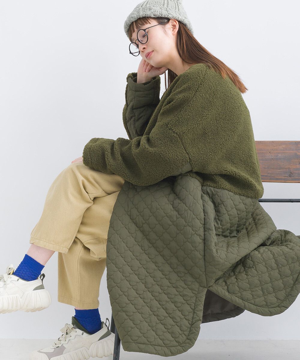 日本女裝代購 - 毛茸雲朵絎縫拼接長版鋪棉外套-軍綠