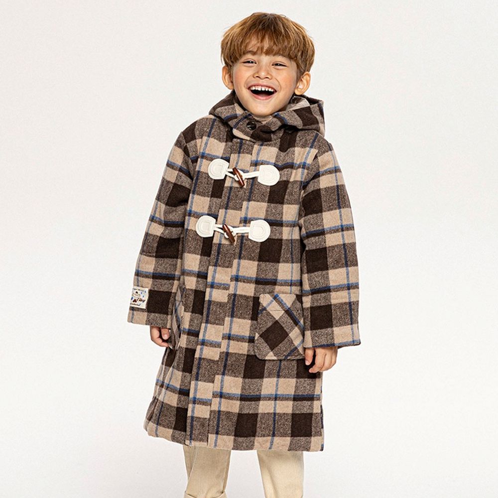 學院格紋牛角釦連帽大衣外套-咖啡