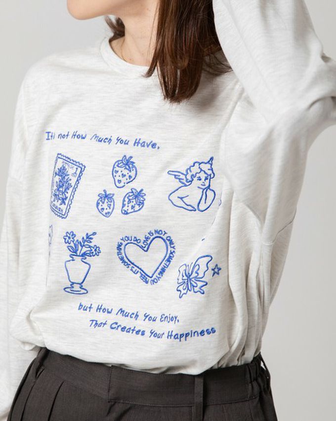 日本 gleam - 甜蜜刺繡印花休閒寬版長袖T恤-黑