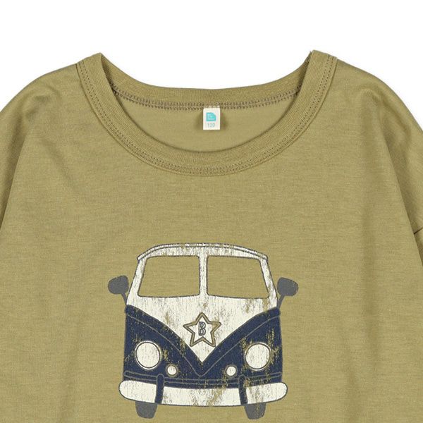 日本西松屋 - 圓領印花薄長袖上衣-復古車車-軍綠