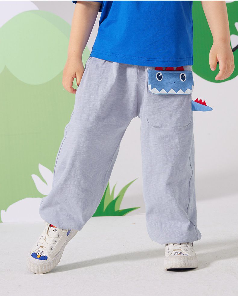 純棉立體圖樣束口長褲/防蚊褲-調皮恐龍-藍灰色