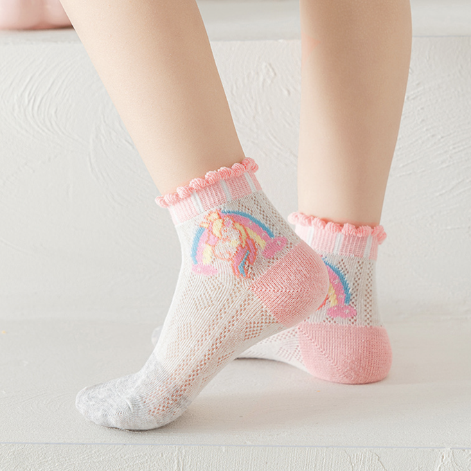 love, charlotte - 泡泡花邊獨角獸愛心網眼短筒棉襪-5 雙一組