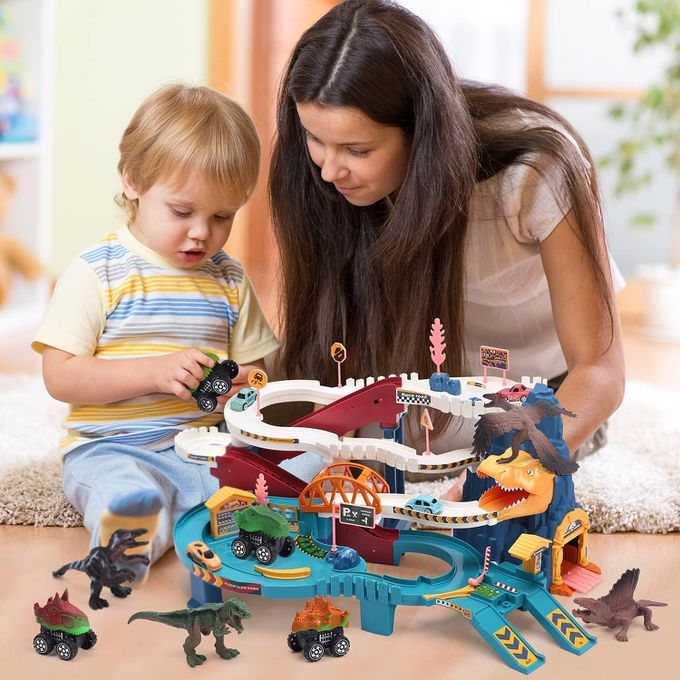CuteStone - 交通世界 恐龍公園電動軌道 極速彎道組 (附小汽車)