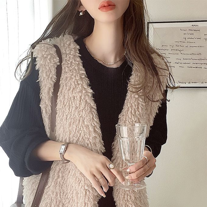 日本 Classical Elf - 優雅泰迪熊絨毛有口袋背心-摩卡