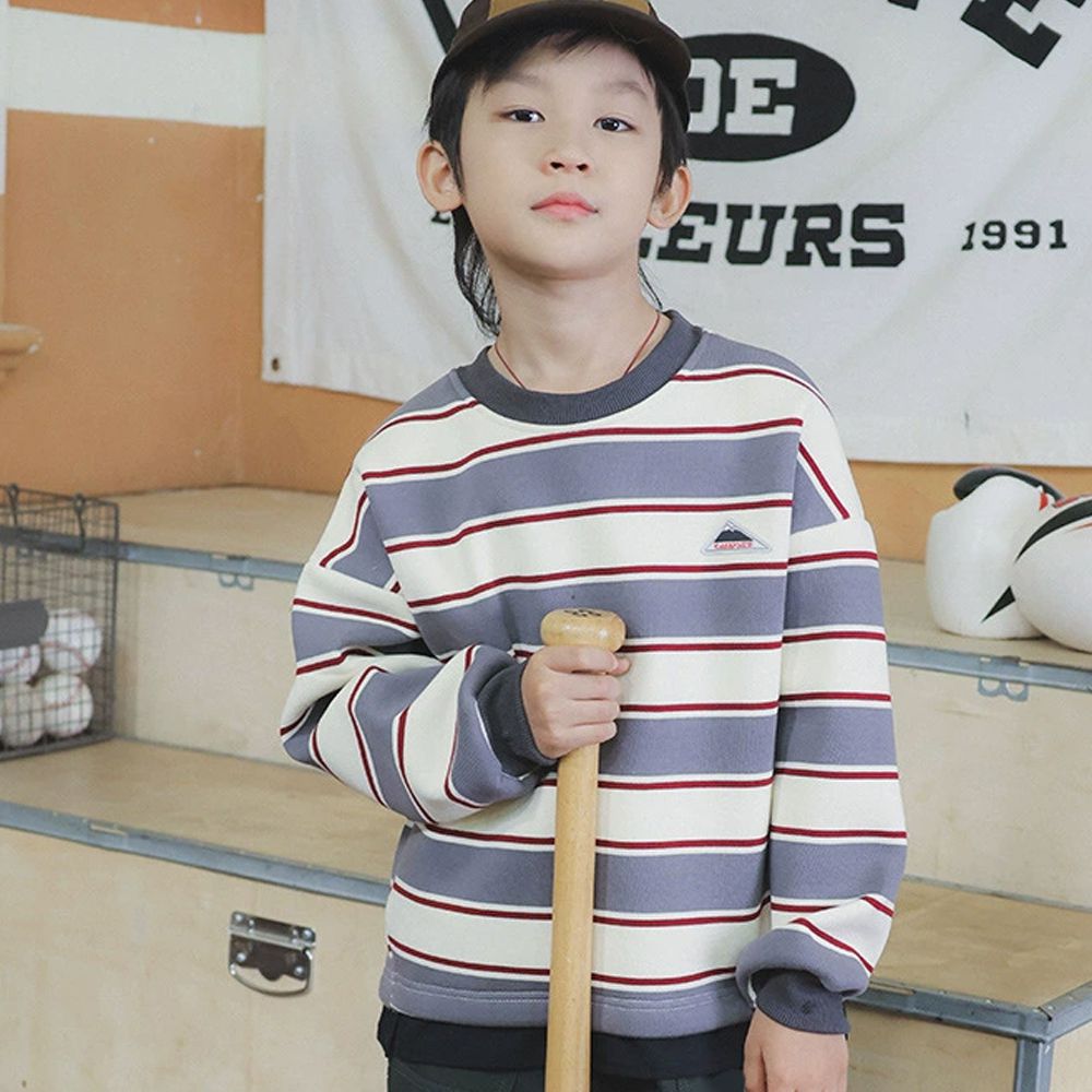 保暖加絨長袖上衣/大學T-灰杏條紋