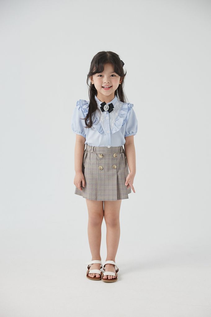 韓國 Coco Bang - (含蝶結)小花鈕扣荷葉領短袖襯衫-藍