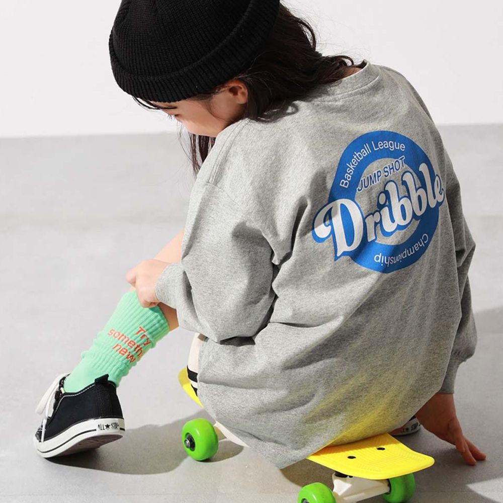 100%棉 定番印花寬版長袖上衣-圓圈logo-淺灰