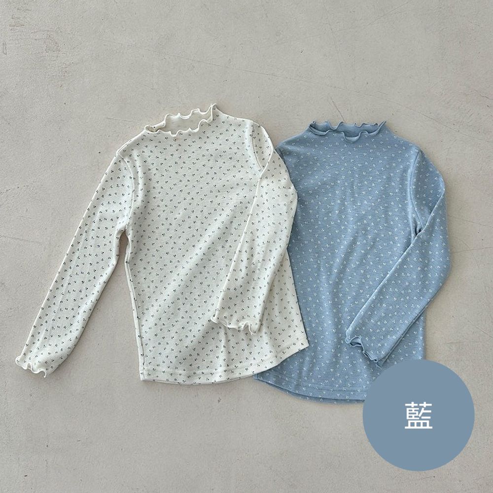 MILKPOWDER 清新小碎花木耳邊半領長袖上衣-藍