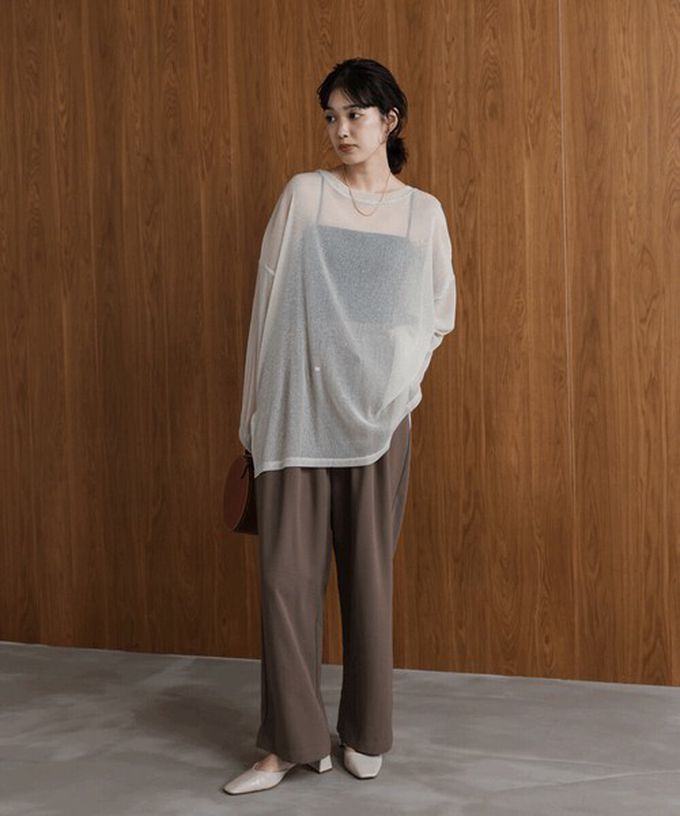 日本 Bab - 光澤閃耀透膚寬版長袖上衣-深灰