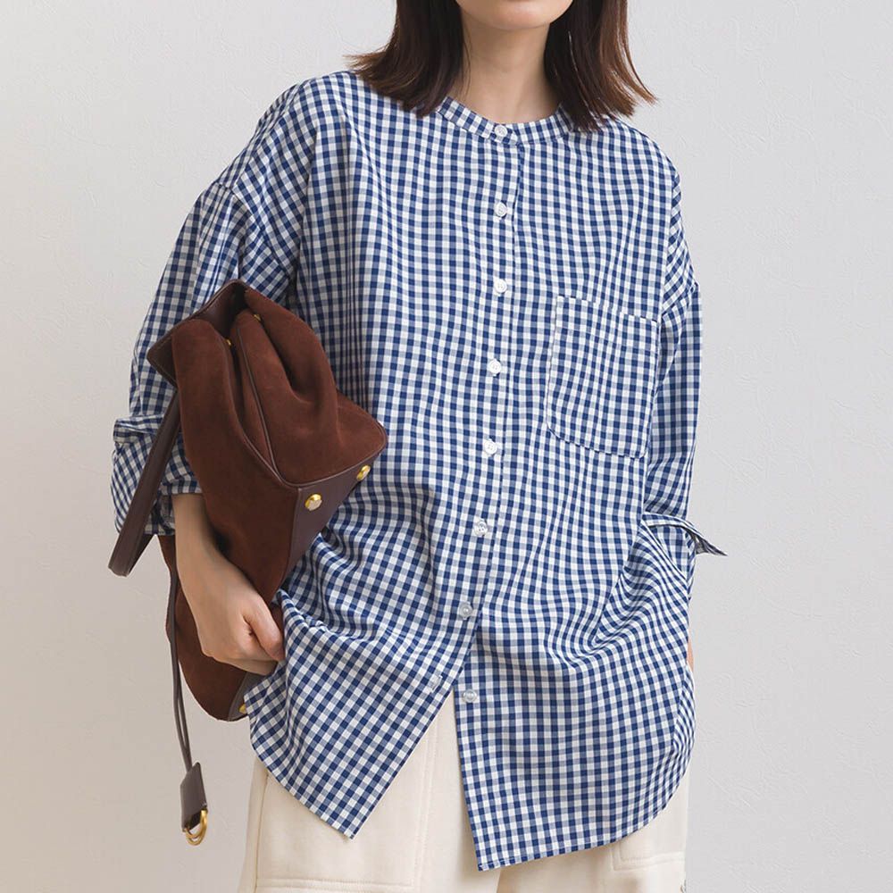 柔滑科技棉 小立領長袖襯衫-格子-海軍藍