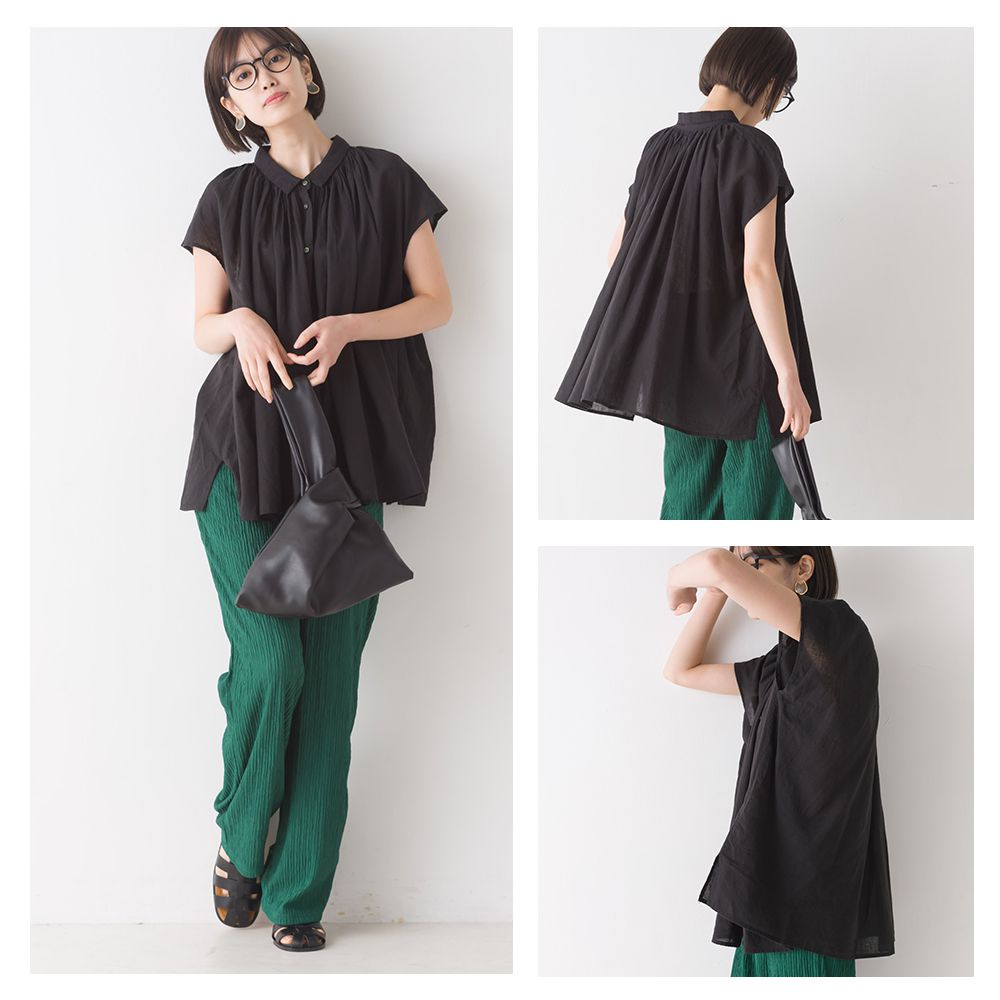 日本 OMNES - 微透膚棉麻涼爽短袖上衣-深灰