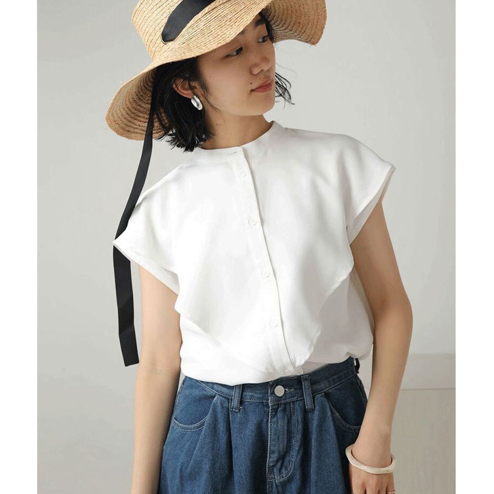 日本 Bou Jeloud - 大荷葉造型一分袖雪紡襯衫-白