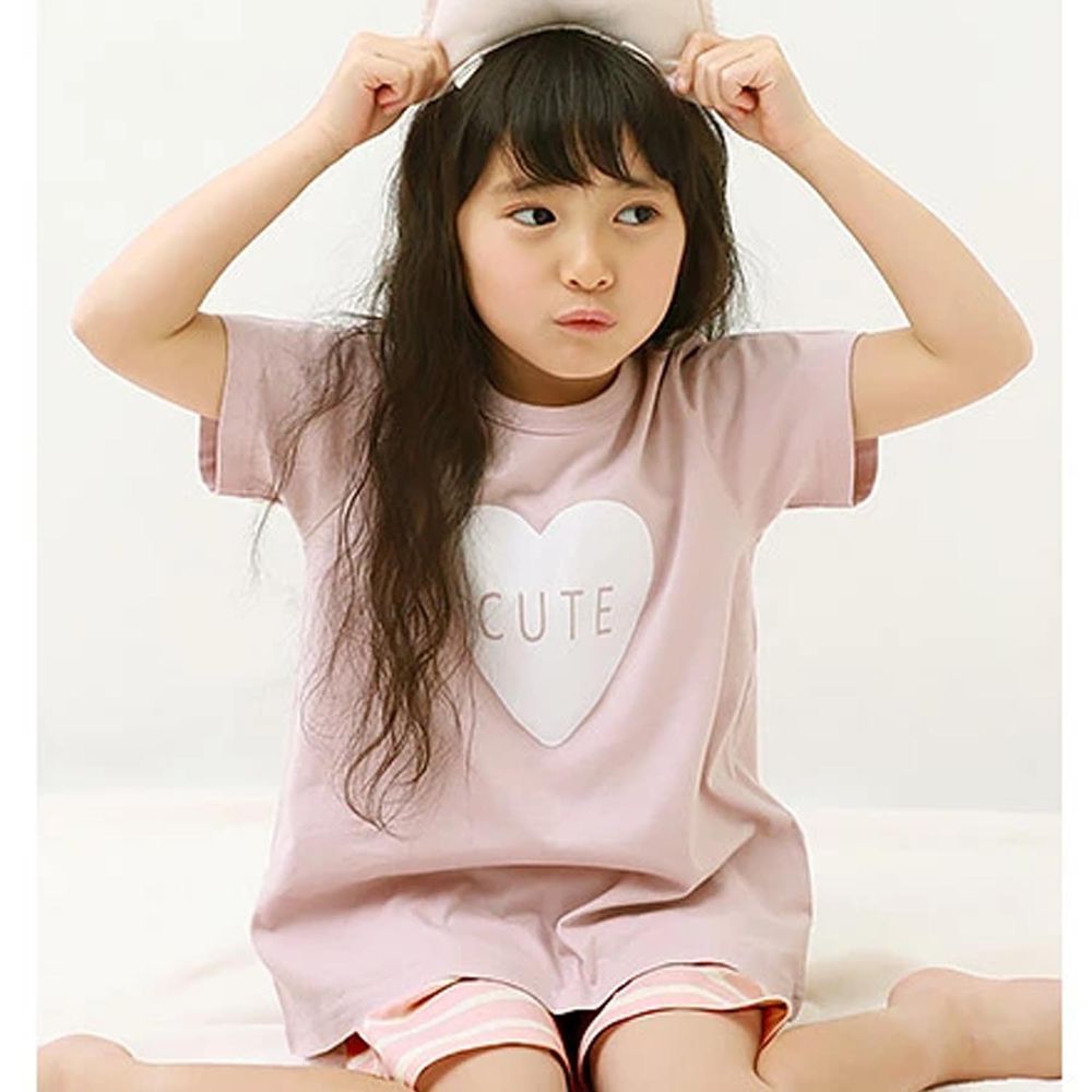 日本 devirock - 純棉舒適短袖家居服/睡衣-愛心條紋-淺粉