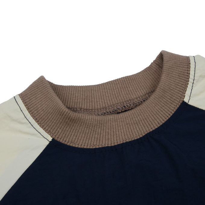 韓國 FORK CHIPS - 刺繡文字拼色長袖大學T-深藍