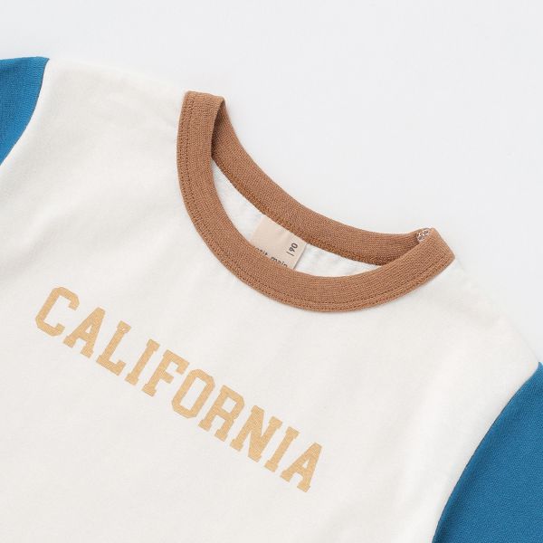 日本 petit main - 百搭印花短袖上衣-恐龍線條-卡其黃