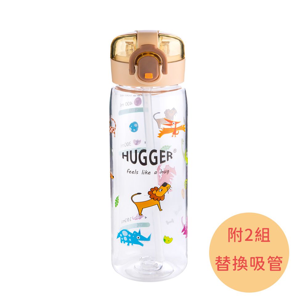 HUGGER - 彈蓋吸管水壺500ml (動物世界) + 2組替換吸管-透明大容量Tritan兒童激勵隨身水瓶