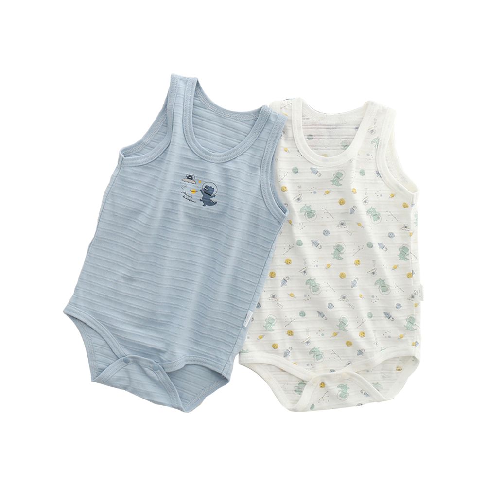 2件入-純棉無袖包屁衣 薄棉春夏嬰兒服 連身衣 睡衣-藍色恐龍2件組