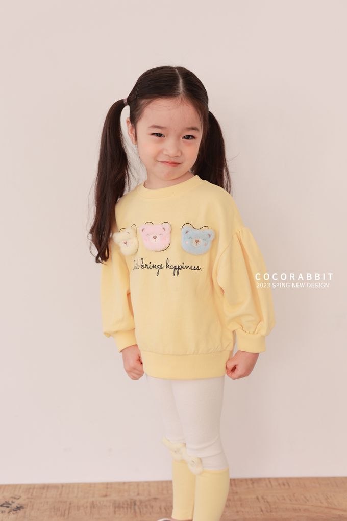 韓國 Coco rabbit - 三隻毛絨熊點綴圓領長袖上衣-黃