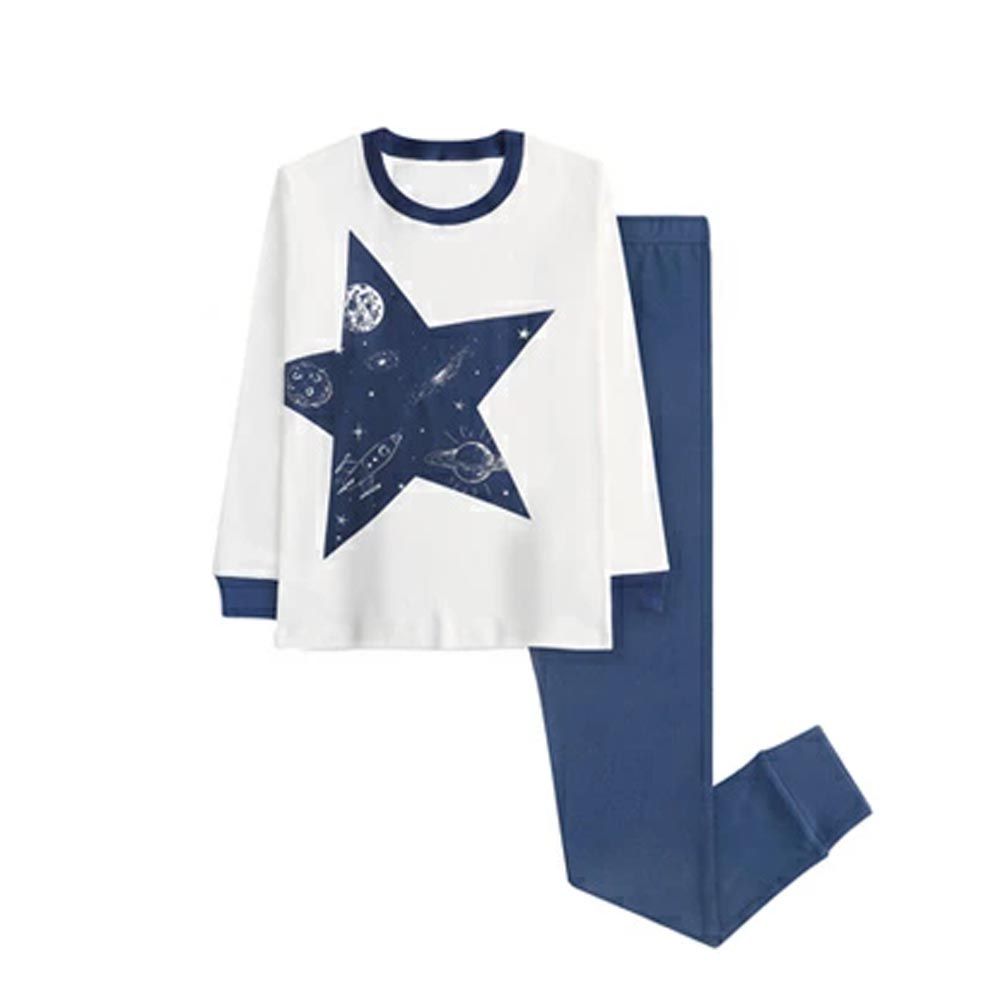 日本 Ho-ho kids - 100%純棉長袖兒童睡衣/家居服-閃耀星星-白x藍