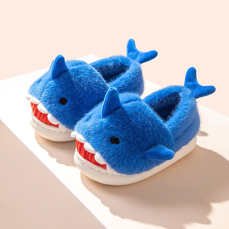 (兒童)立體造型毛絨暖暖室內拖鞋-鯊魚-藍色
