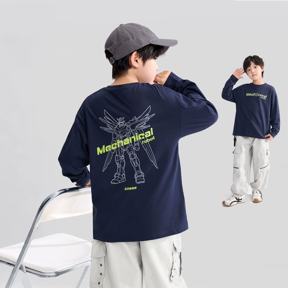 純棉親膚透氣長袖上衣-戰士機器人-藏青