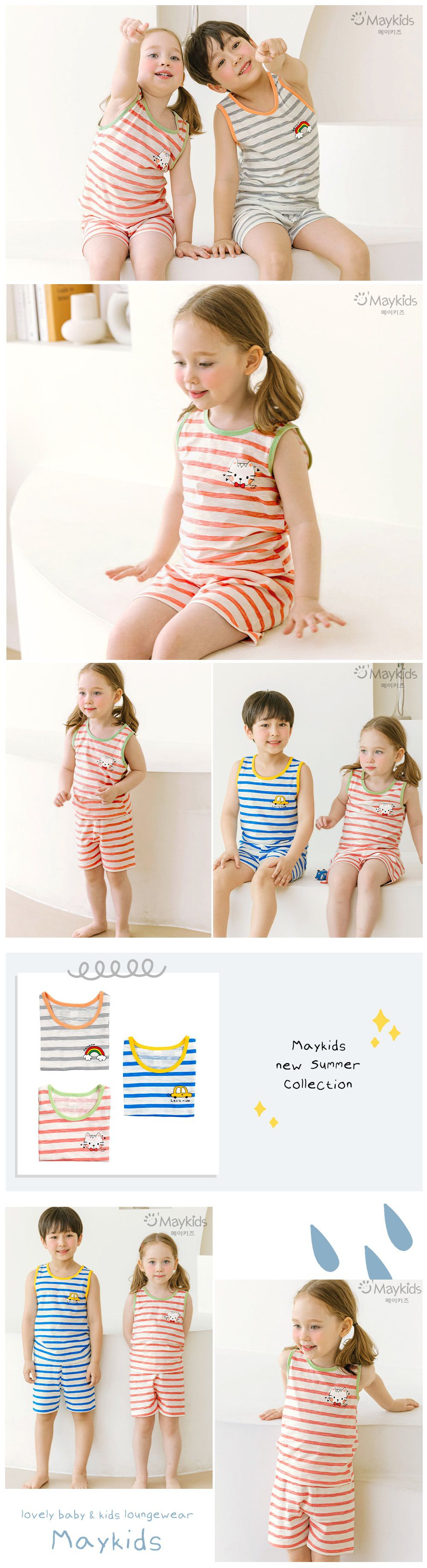 韓國 Maykids - 有機棉細柔無袖家居服-條紋小貓