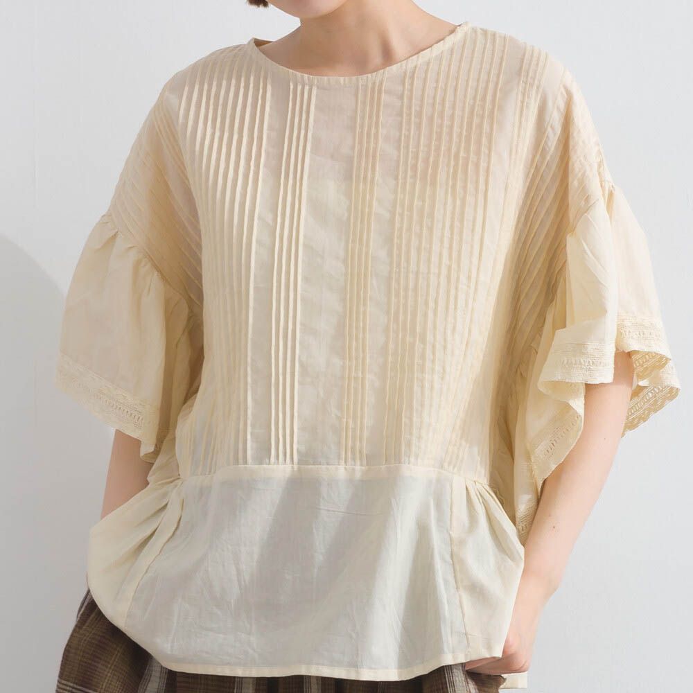 100%印度棉 細緻緹花大寬袖上衣-米杏